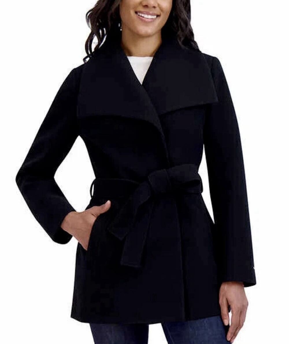 Tahari Women's Water-Resistant Tie Belt Trench Wrap PeaCoat Jacket XS Black NWT